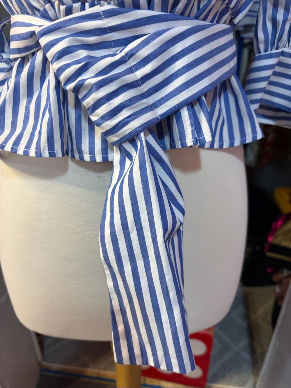 Zara Blue & White Striped Wrap Tie Peplum Blouse